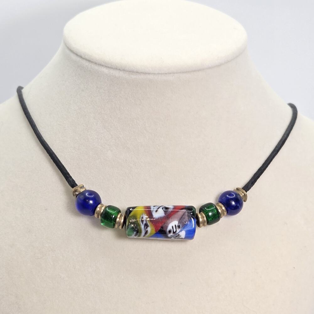 Vintage Venetian Millefiori Trade Bead Blue Green Glass Beads Leather Cord 20"